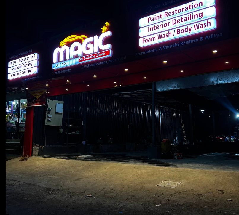 Magic Car Spa detailing studio storefront at night with illuminated signage